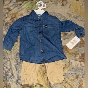 Boys Calvin Klein Blue Denim Shirt with Beige Pants